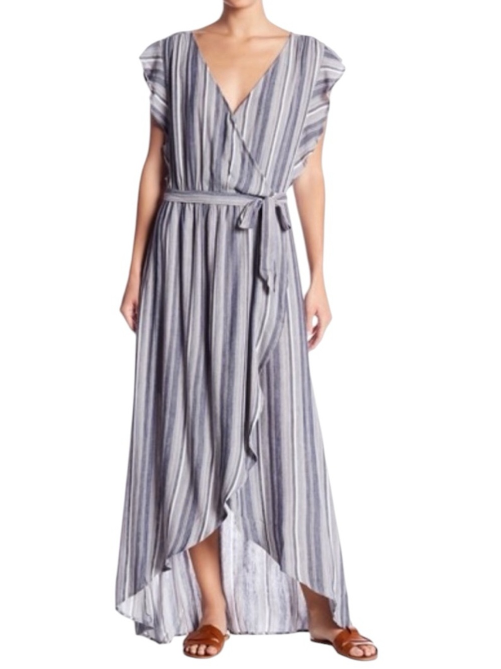 Splendid Linen Faux Wrap V Neck Tulip Sleeve Maxi Dress Blue White Stripe Medium